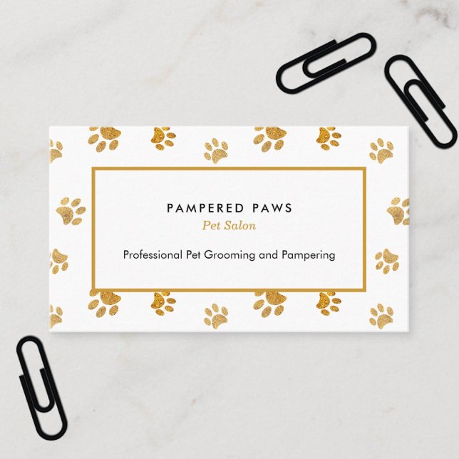 Black White Gold Glitter Paw Prints Pet Salon Business Card (Creator Uploaded)