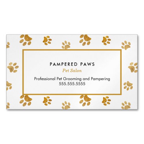 Black White Gold Glitter Paw Prints Pet Salon Business Card Magnet