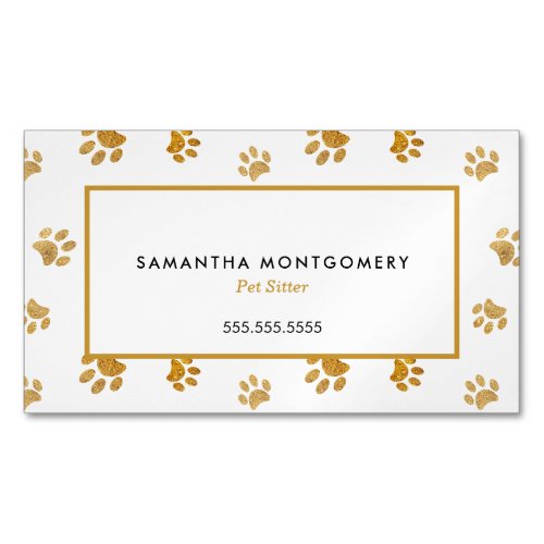 Black White Gold Glitter Paw Prints Pet Sitter Business Card Magnet