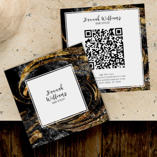 Black  white Gold Glitter Qr Code Abstract Marble Square Business Card