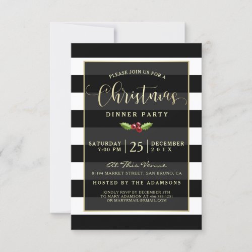 Black & White | Gold Glitter Reindeer Christmas Invitation - Send modern, elegant Christmas party invitations for your dinner party celebration this year with these easy to personalize / customize invites. The semi-transparent black overlay has a golden border over black and white stripes. There is a sprig of holly and two holly berries in the middle. On the reverse, there is an oval overlay with a gold glitter reindeer stag standing to attention. Zazzle has lots of different fonts and font colors to chose from. Please note the all Zazzle products are digitally flat printed. No real gold foil or glitter.