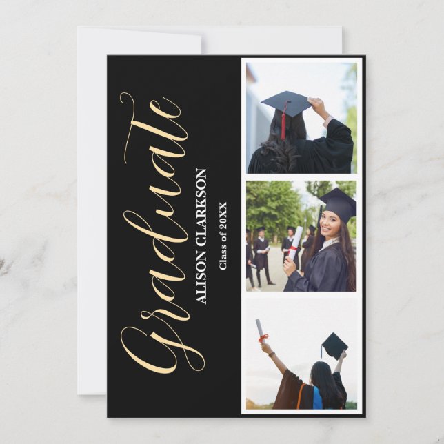 Black & White Gold Graduation 2025 3 Photos Party Invitation (Front)