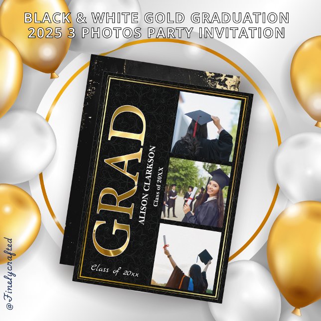 Black & White Gold Graduation 2025 3 Photos Party Invitation (Creator Uploaded)