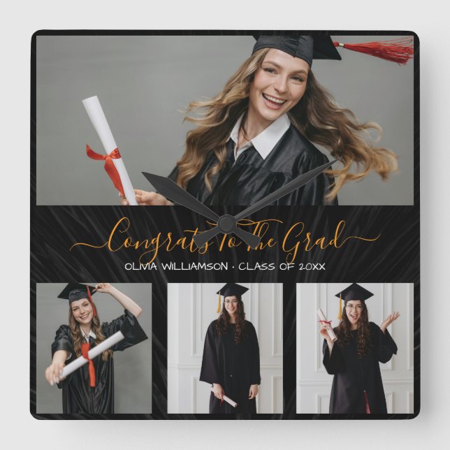 Black,white & gold graduation 4 photo collage square wall clock (Front)