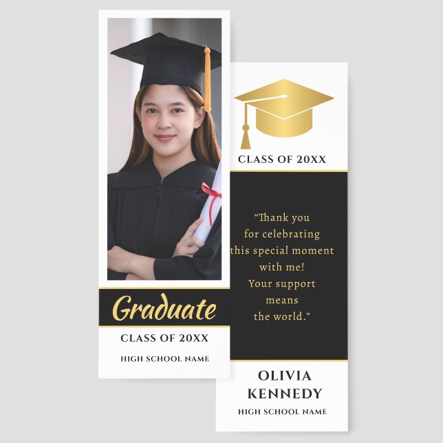 Black White Gold Graduation Class Of 20XX Photo Bookmarks (Front & Back)