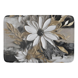 Black White Gold Gray Floral Print Bath Mat