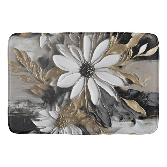 Black White Gold Gray Floral Print Bath Mat (Front)