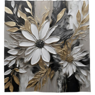Black White Gold Gray Floral Print Shower Curtain