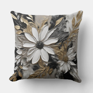 Black White Gold Gray Floral Print Throw Pillow