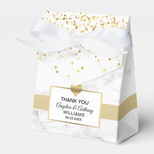 Black White Gold Heart Marble Favor Wedding Boxes (Front Side)