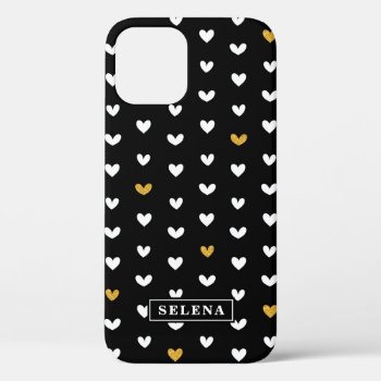 Black White Gold Heart Pattern With Custom Name Iphone 12 Case by DoodlesGiftShop at Zazzle