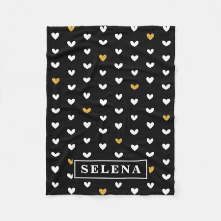 Black White Gold Heart Pattern With Custom Name Fleece Blanket