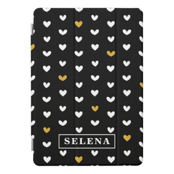 Black White Gold Heart Pattern With Custom Name Ipad Pro Cover by DoodlesGiftShop at Zazzle