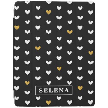 Black White Gold Heart Pattern With Custom Name Ipad Smart Cover by DoodlesGiftShop at Zazzle