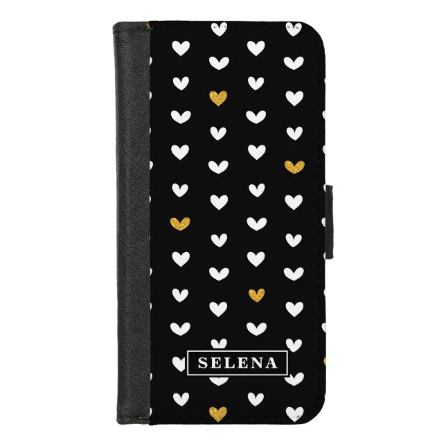 Black White Gold Heart Pattern with Custom Name iPhone Wallet Case (Front)