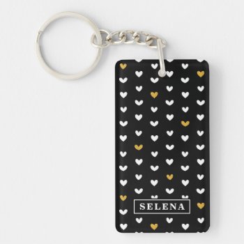 Black White Gold Heart Pattern With Custom Name Keychain by DoodlesGiftShop at Zazzle
