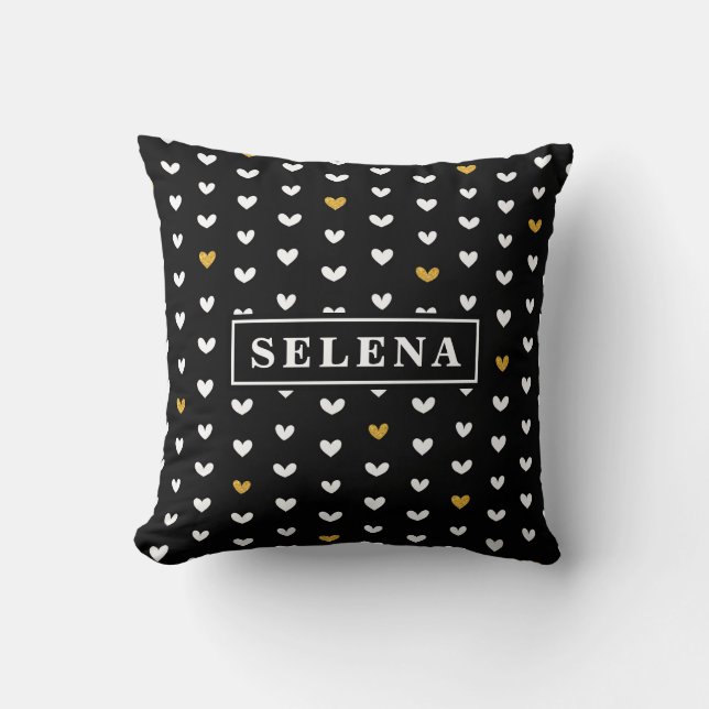 Black White Gold Heart Pattern with Custom Name Throw Pillow (Front)