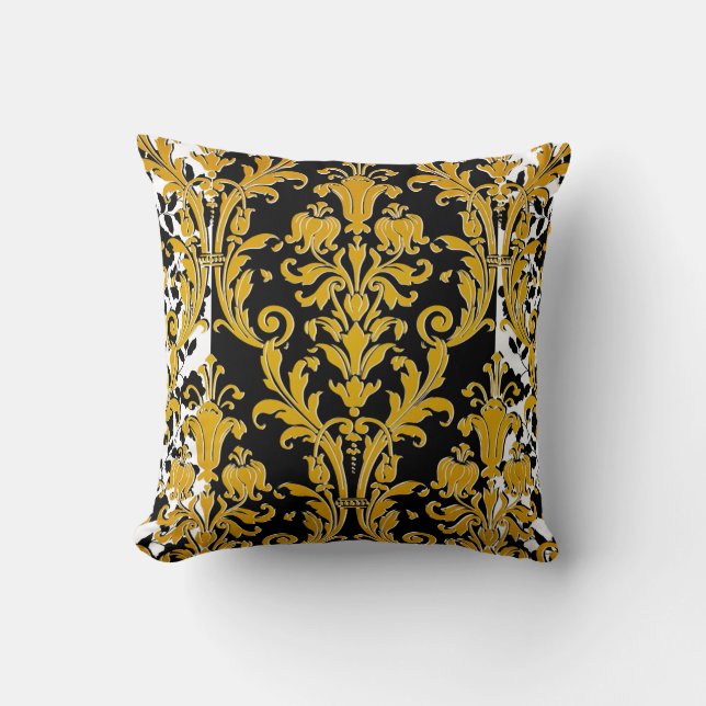 Black White Gold High Fashion Floral Damask Throw Pillow (Front)
