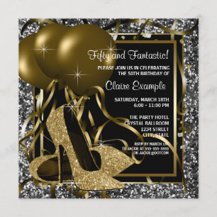 Black White Gold High Heels Womans Birthday Party Invitation