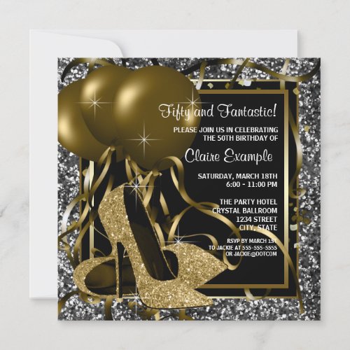 Black White Gold High Heels Womans Birthday Party Invitation