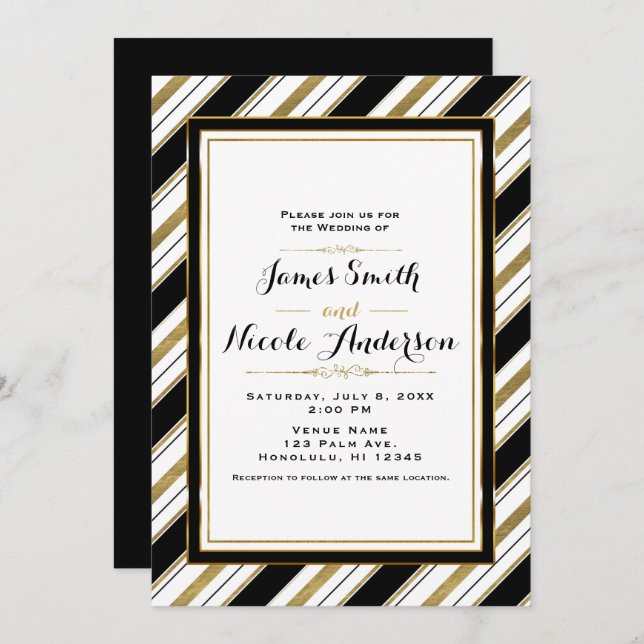 Black White & Gold Horizontal Chic Stripes Wedding Invitation (Front/Back)