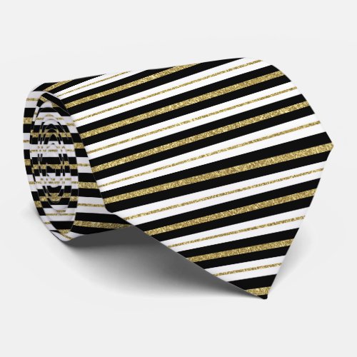 Black white gold horizontal pinstripe lines elegan neck tie