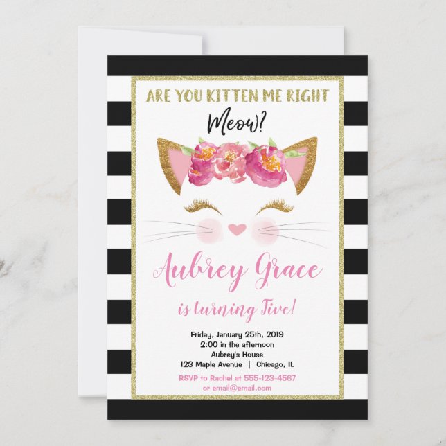 Black white gold kitten kitty cat birthday party invitation (Front)