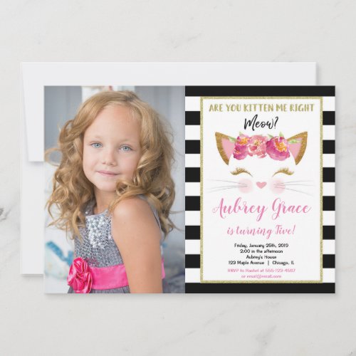 Black white gold kitten kitty cat birthday photo invitation