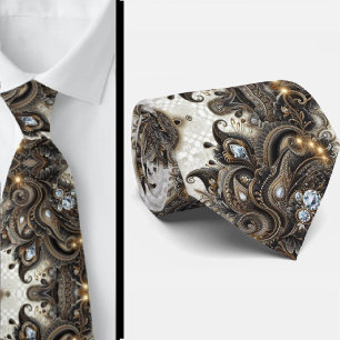 Black White Gold Lace Paisley Diamond Neck Tie