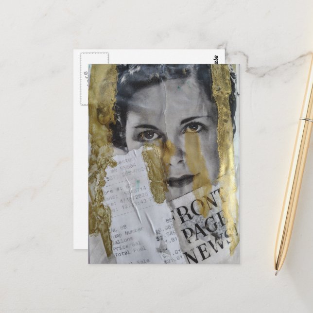 black white gold lady Front Page News collage Postcard (Front/Back In Situ)