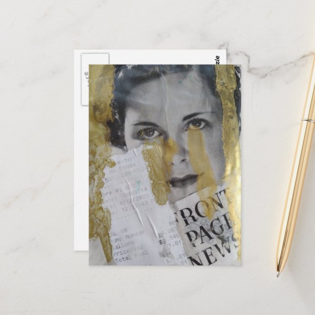 black white gold lady Front Page News collage Postcard (Front/Back In Situ)