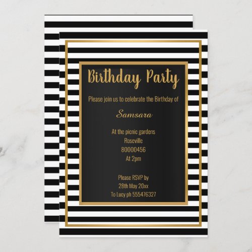 BLACK WHITE GOLD LAYER PATTERN STRIPE ALL OCCASION INVITATION