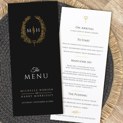Black white gold leaf oval monogram wedding menu