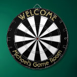 Black White Gold Man Cave Pub Game Night Dorm Room Dart Board<br><div class="desc">Create your own custom, personalized, fun, cool, stylish, black and white color, faux gold font / typography / script / text, regulation size (18"diameter, 1"h) aluminum frame metal cage dart board. Comes with 6 brass darts (3 American flag dart flights and 3 UK dart flights). You may mount it anywhere...</div>