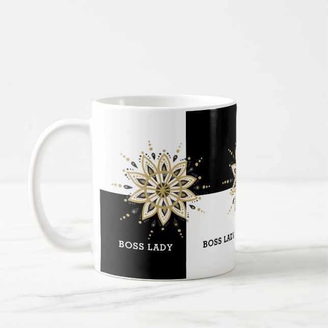 Black White & Gold Mandala Boss Lady Design Coffee Mug (Left)
