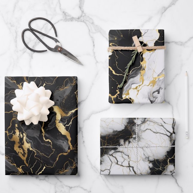 Black White Gold Marbel Pattern Gift Wrapping Paper Sheets (Front)
