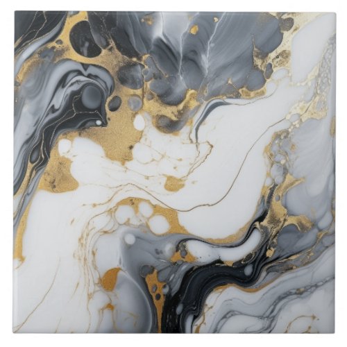 Black White Gold Marble And Alcohol Ink Abstract Ceramic Tile