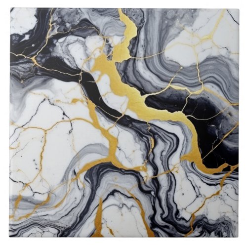 Black White Gold Marble And Alcohol Ink Abstract Ceramic Tile