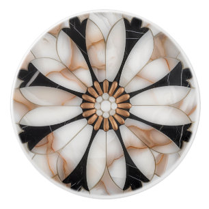 Black White Gold Marble Daisy Flower Mosaic Style Ceramic Knob