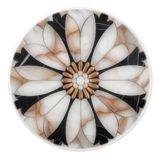 Black White Gold Marble Daisy Flower Mosaic Style Ceramic Knob