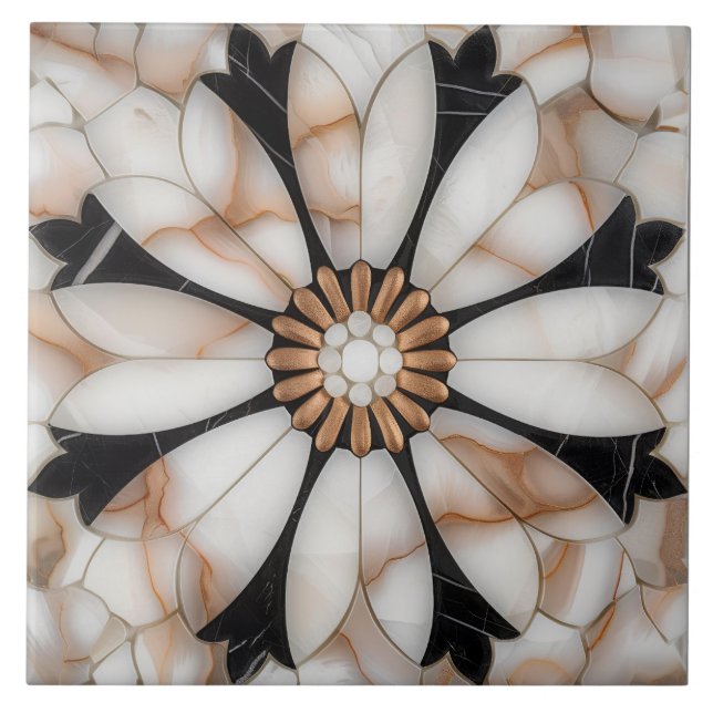 Black White Gold Marble Daisy Flower Mosaic Style Ceramic Tile (Front)