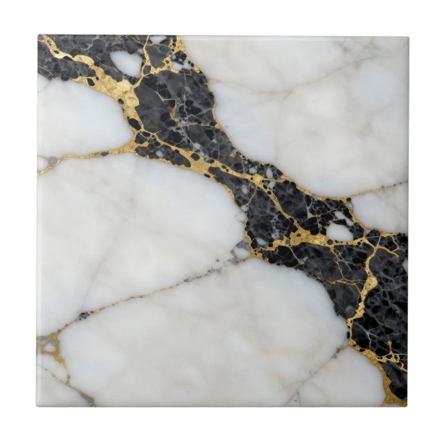 Black White Gold Marble Luxury Ceramic Tile (Front)