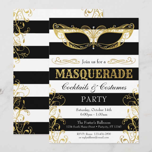 Black White & Gold Masquerade Mask Costume Party Invitation (Front/Back)