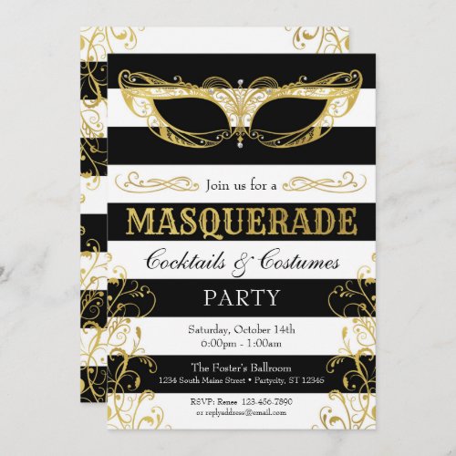 Black White  Gold Masquerade Mask Costume Party Invitation