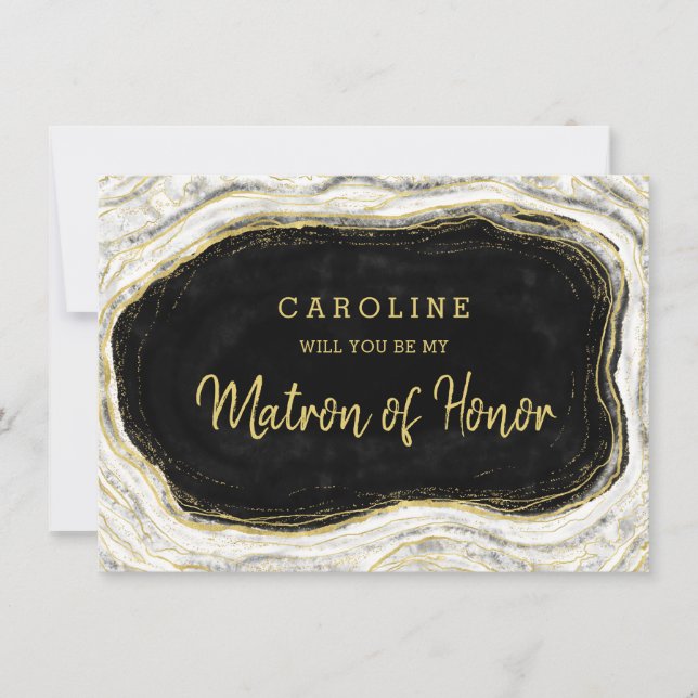 Black White & Gold Matron of Honor Proposal Card (Front)