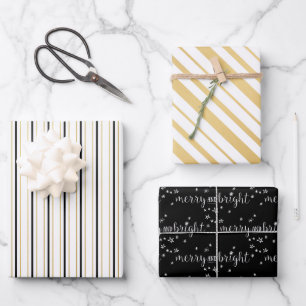 Black White & Gold Merry and Bright Stripes Wrapping Paper Sheets