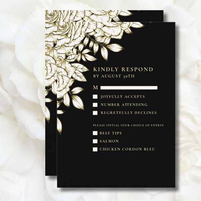 Black White Gold Minimal Modern Floral Chic RSVP Invitation (Creator Uploaded)