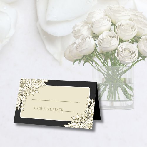 Black White Gold Minimal Modern Floral Wedding Place Card
