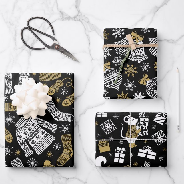 Black White Gold Modern Christmas Wrapping Paper Sheets (Front)