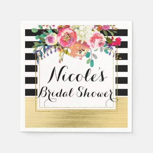 Black White Gold Modern Floral Glam Bridal Shower Napkins